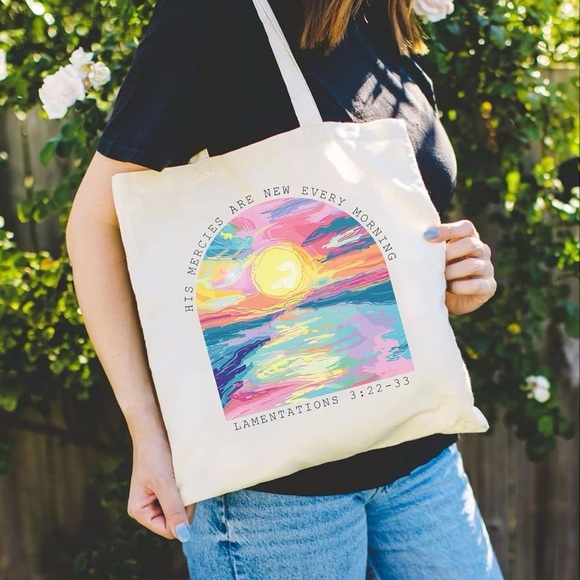 Christian Canvas Tote Bag with Colorful Sunrise Design, Interior Zip Pocket - Picture 3 of 5